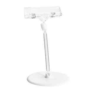 Clip identificador con soporte para precios y plato auto-adhesivo (ø 90 mm), 10 cm de extensión, transparente 