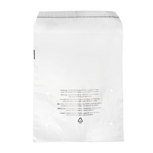 Bolsa con solapa con estampado de advertencia, resellables, lámina de PCR, transparentes 350 x 430 mm 