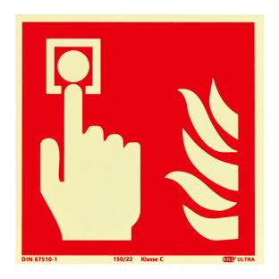 Señal Pulsador de alarma contra incendios, fotoluminiscente, plástico, ISO 7010 150 x 150 mm