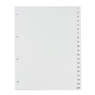 Separadores A4, margen ancho, con números 1-20, 4 perforaciones, blanco 