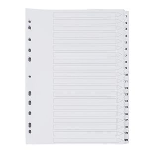 Separadores A4, números 1-20 a ambos lados, 11 perforaciones, cartón, blanco 