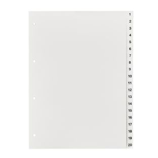 Separadores A4, números 1-20, 4 perforaciones, cartón, blanco 