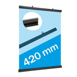 Porta carteles de plástico, abatible 420 mm | negro 