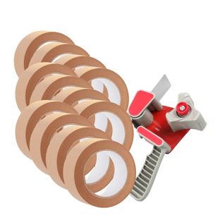 Dispensador de cinta + 12 rollos de cinta de embalaje de papel, marrón 