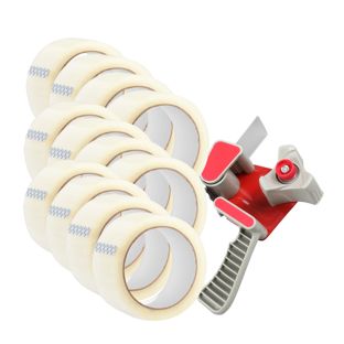 Dispensador de cinta + 12 rollos de cinta de embalaje, transparente 