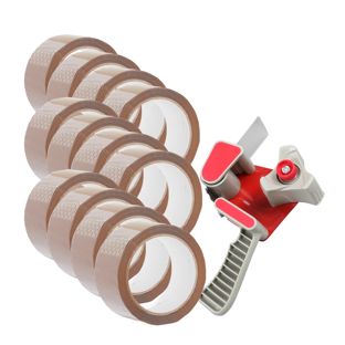 Dispensador de cinta + 12 rollos de cinta de embalaje, marrón 