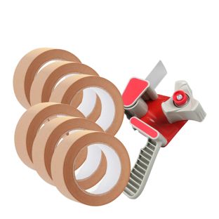 Dispensador de cinta + 6 rollos de cinta de embalaje de papel, marrón 