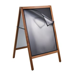 Caballete publicitario de madera COMBI, 590 x 785 mm, con pizarra de tiza y marco magnético, aspecto madera 