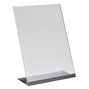 Soporte expositor en L de metacrilato con base de aluminio A4  | transparente|negro 