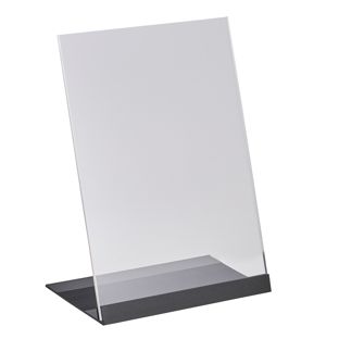 Soporte expositor en L de metacrilato con base de aluminio A5  | transparente|negro 