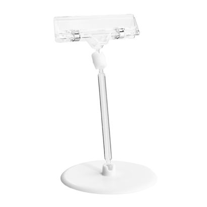Clip identificador con soporte para precios y plato auto-adhesivo (ø 90 mm), 10 cm de extensión, transparente 