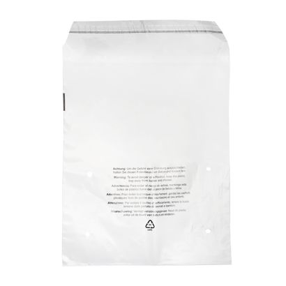 Bolsa con solapa con estampado de advertencia, resellables, lámina de PCR, transparentes 250 x 300 mm