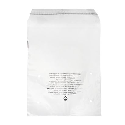 Bolsa con solapa con estampado de advertencia, resellables, lámina de PCR, transparentes 350 x 430 mm