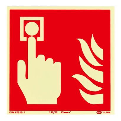 Señal Pulsador de alarma contra incendios, fotoluminiscente, plástico, ISO 7010 150 x 150 mm 