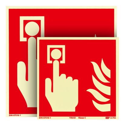 Señal Pulsador de alarma contra incendios, fotoluminiscente, plástico, ISO 7010 