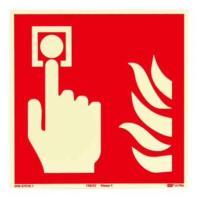 Señal Pulsador de alarma contra incendios, fotoluminiscente, plástico, ISO 7010 200 x 200 mm
