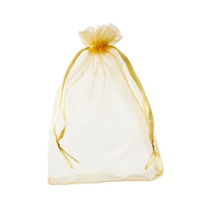 Bolsitas de organza con cierre de cinta de raso dorado  | 90 x 120 mm 