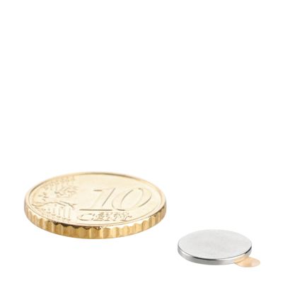 Imanes de neodimio con forma de disco, autoadhesivos, superficie adhesiva en el polo Sur, 10 mm x 1 mm, N35 