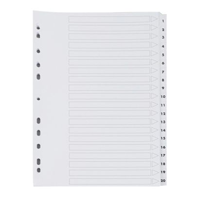 Separadores A4, números 1-20 a ambos lados, 11 perforaciones, cartón, blanco 