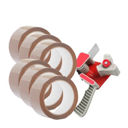 Dispensador de cinta + 6 rollos de cinta de embalaje, marrón 