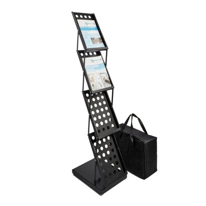 Expositor folletos plegable KAIRO 4 x A4 con bolsa, negro 