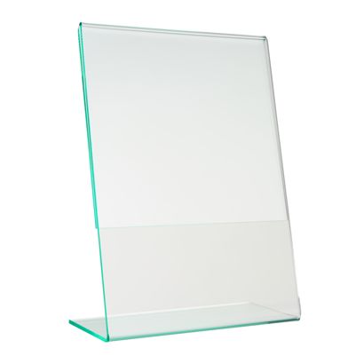 Soporte expositor en L con aspecto de cristal, PMMA (metacrilato), transparente formato vertical | A6