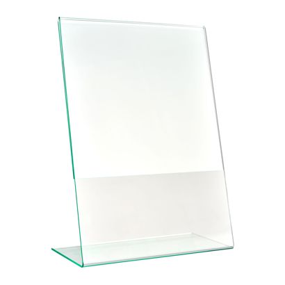 Soporte expositor en L con aspecto de cristal, PMMA (metacrilato), transparente formato vertical | A5