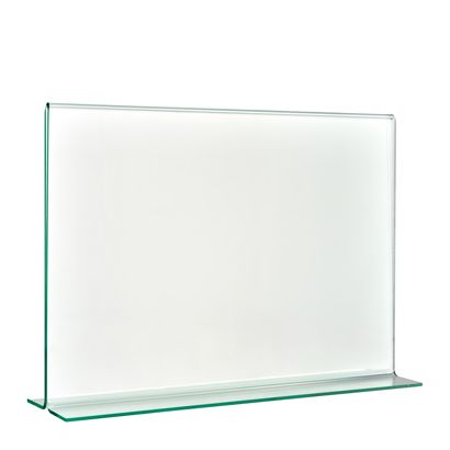 Soporte expositor en T con aspecto de cristal, PMMA (metacrilato), transparente A5  | formato horizontal 