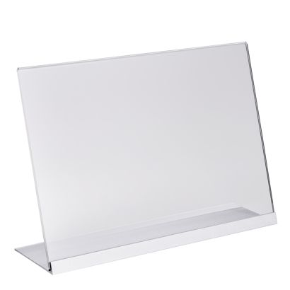 Soporte expositor en L de metacrilato con base de aluminio A4  | transparente|plata 