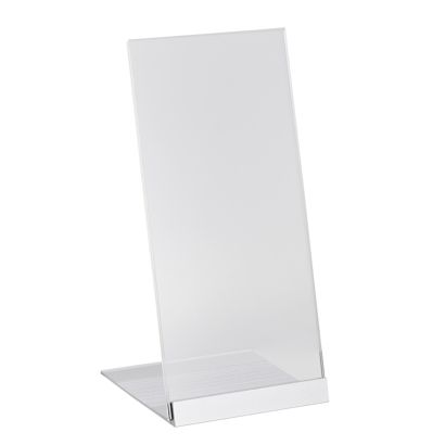 Soporte expositor en L de metacrilato con base de aluminio 1/3 A4 (100 x 210 mm)  | transparente|plata 