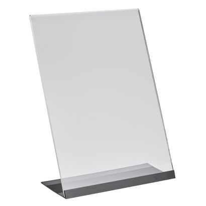 Soporte expositor en L de metacrilato con base de aluminio A4  | transparente|negro 