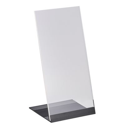 Soporte expositor en L de metacrilato con base de aluminio 1/3 A4 (100 x 210 mm)  | transparente|negro 