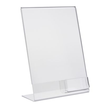 Soporte expositor en L con compartimento adicional PREMIUM, metacrilato formato vertical | A4 + 56 x 88 mm