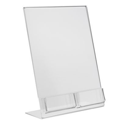 Soporte expositor en L con compartimento adicional PREMIUM, metacrilato formato vertical | A4 + 2x 56 x 88 mm