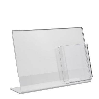 Soporte expositor en L con compartimento adicional PREMIUM, metacrilato formato horizontal | A4 + 1/3 A4