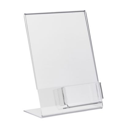 Soporte expositor en L con compartimento adicional PREMIUM, metacrilato formato vertical | A5 + 56 x 88 mm